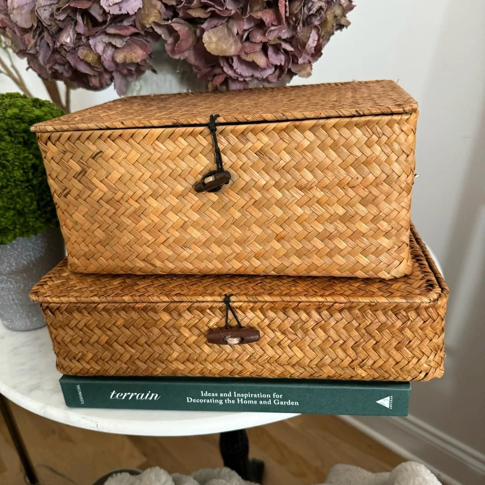 Set of 2 Flat Seagrass Storage Bins with Lid Woven Basket Home Office Organizer
